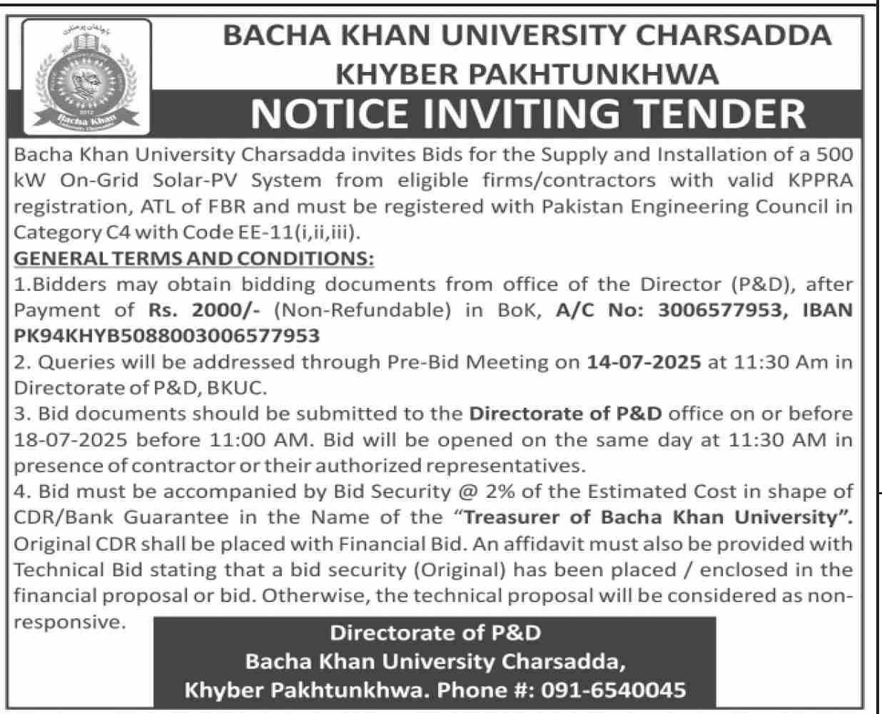 Bacha Khan University Charsadda Tender Notice